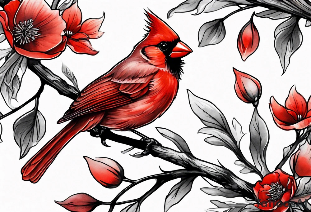 Trees, flowers, red cardinal, representing growth from grief tattoo idea