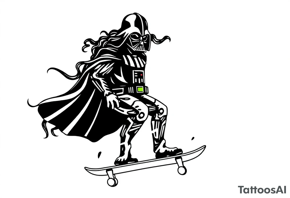 Skateboarding TALL Darth Vader with long curly hair
WORDS in star wars font "Darth Carter"
12/29/88-01/06/24 tattoo idea