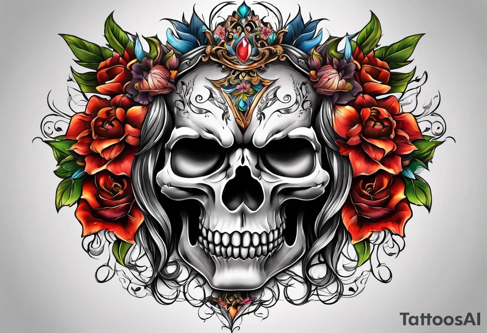 Half lion half skull,  demons, flowers tattoo idea