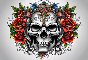Half lion half skull,  demons, flowers tattoo idea