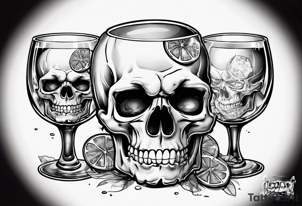 A smiling looking to the left scull inside the glass with alcohol and piece of lime tattoo idea