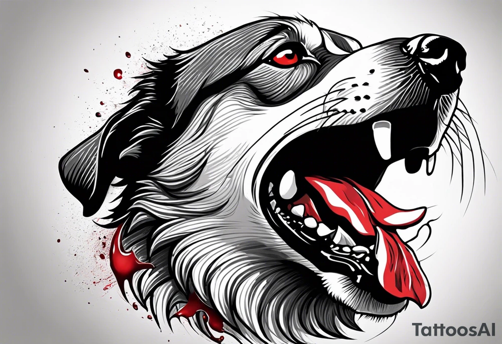 Create aggressive, vicious dog, with some blood coming out of his mouth and saliva. Make it a drawing and use the image of reference. I am going to add. I want HIM TO BE ANGRY WITH RED EYES tattoo idea