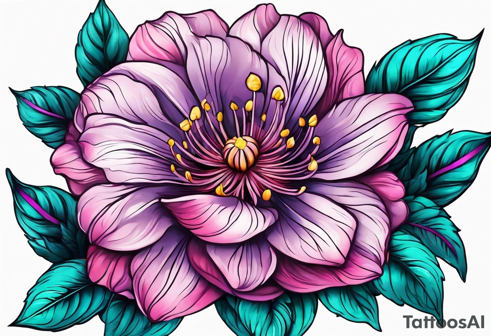 Pink purple flowers with teal leaves tattoo idea