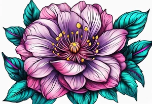 Pink purple flowers with teal leaves tattoo idea
