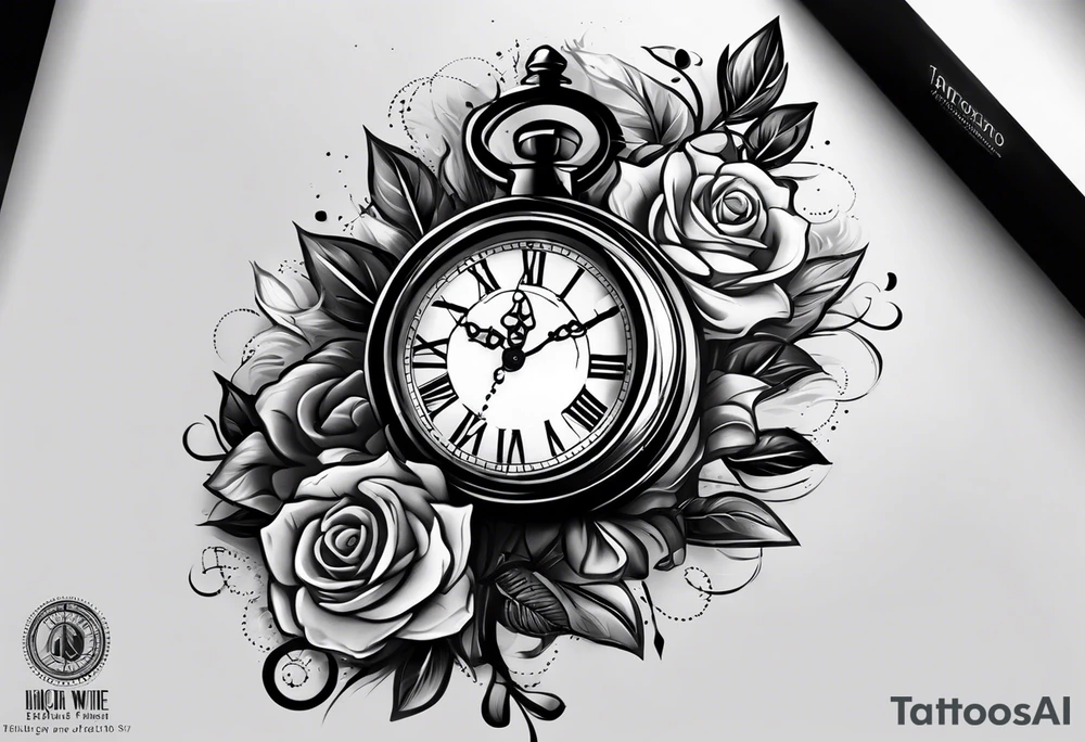 Draw me a tattoo located on the shoulder and upper arm of a man. The tattoo represents a clock and  an hourglass with Roman numerals in the background. It is a symbol of the passing of time. tattoo idea