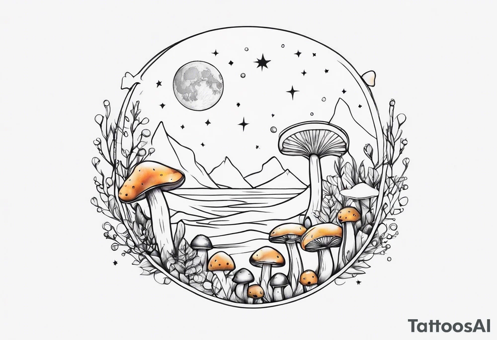 moon with crystals, mushrooms tattoo idea