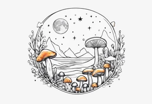 moon with crystals, mushrooms tattoo idea