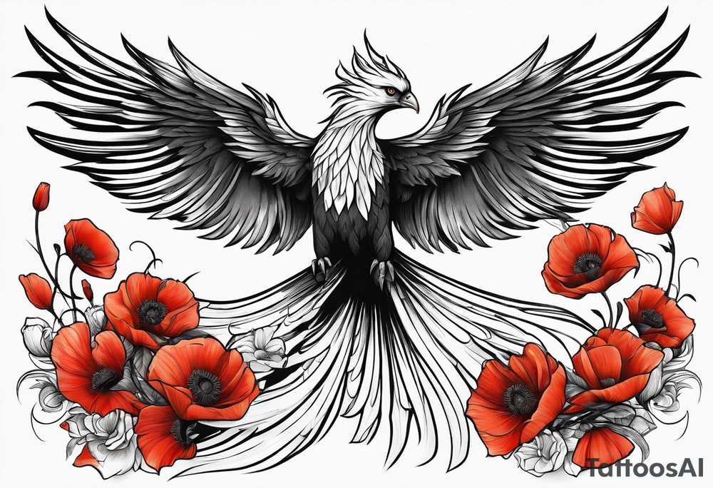 elongated phoenix in flight
in profile long tail with claws holding poppies falling tattoo idea