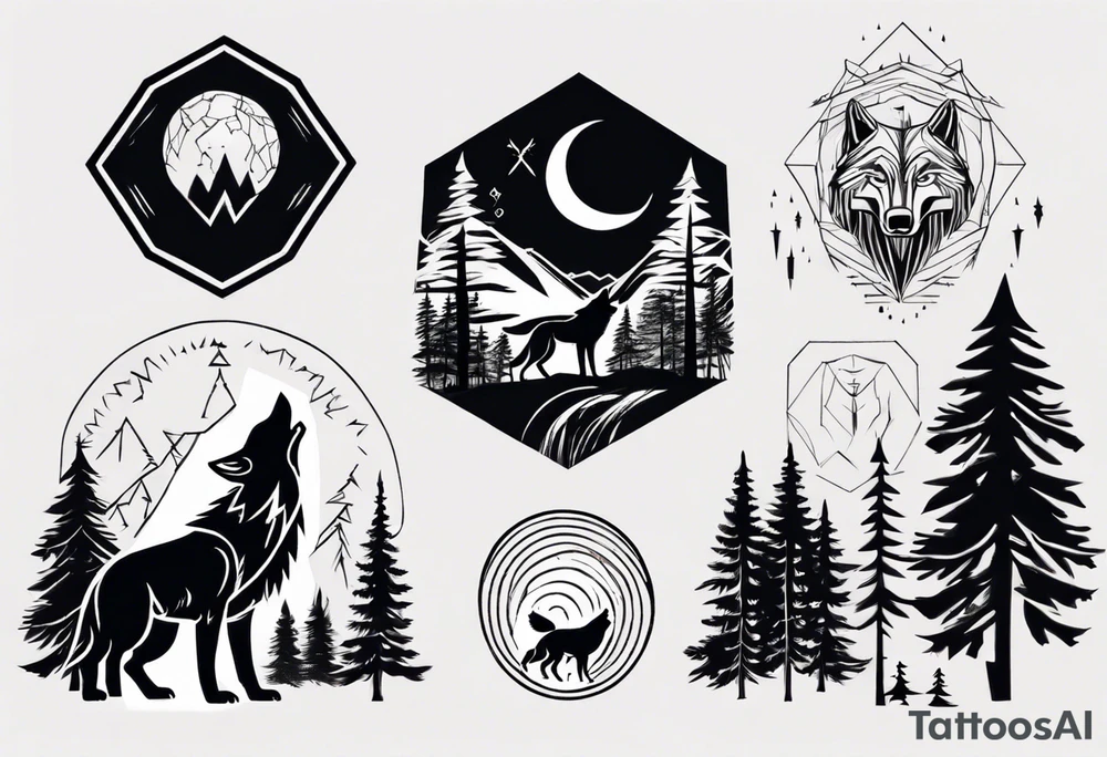 lightning over forest with wolf howling tattoo idea