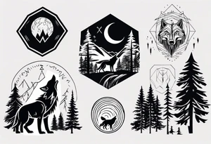 lightning over forest with wolf howling tattoo idea