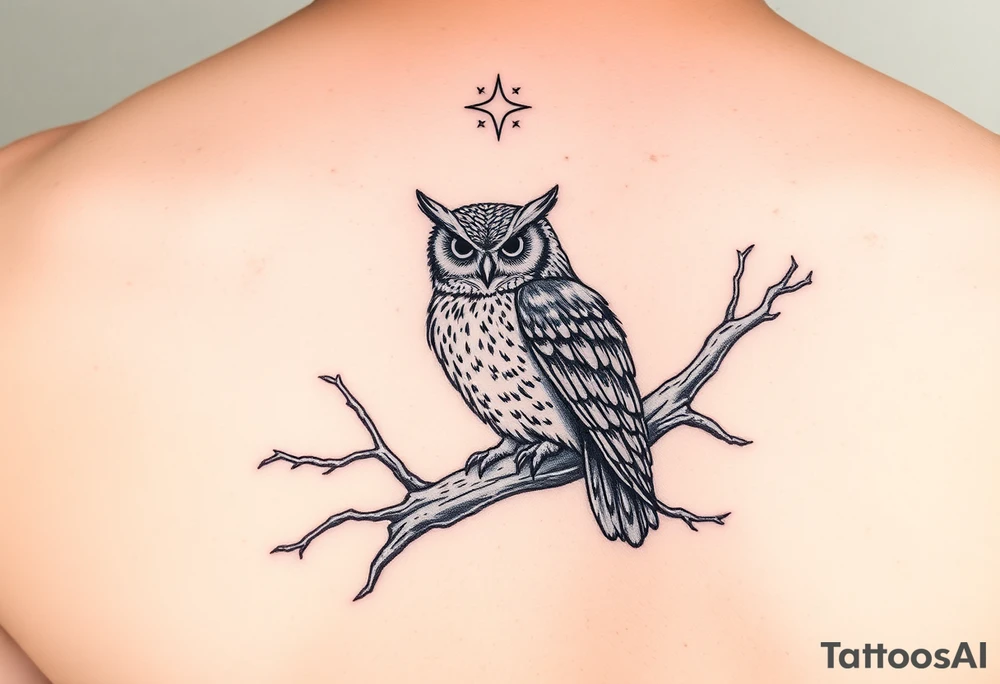 wise owl perched on ancient oak branch under starlit sky tattoo idea