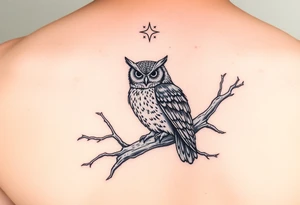 wise owl perched on ancient oak branch under starlit sky tattoo idea