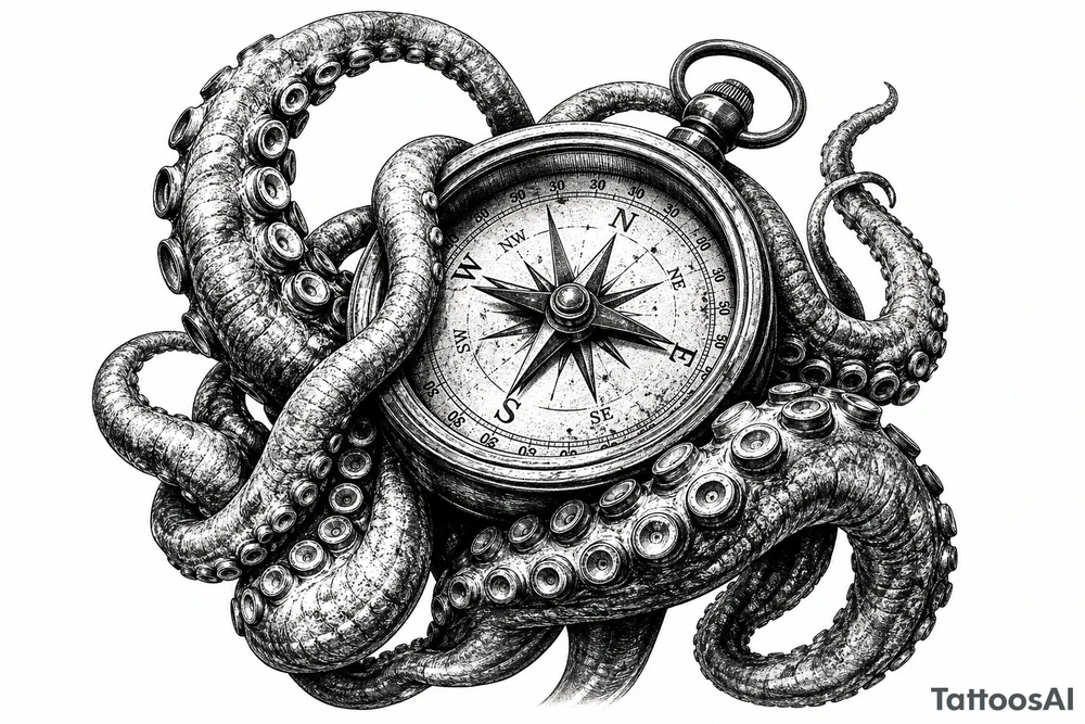 Close-up of kraken tentacles gripping a brass compass, deep ocean shadows. tattoo idea