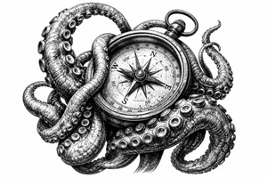 Close-up of kraken tentacles gripping a brass compass, deep ocean shadows. tattoo idea
