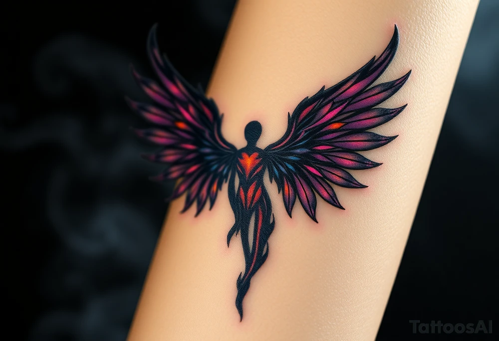 An abstract angel of death emerging from smoke, its wings composed of fragmented dark shards, glowing with neon purple and orange accents. tattoo idea