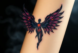 An abstract angel of death emerging from smoke, its wings composed of fragmented dark shards, glowing with neon purple and orange accents. tattoo idea