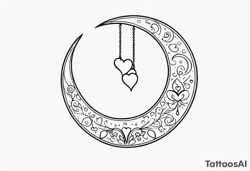 Crescent moon with hearts dangling from the bottom of it tattoo idea