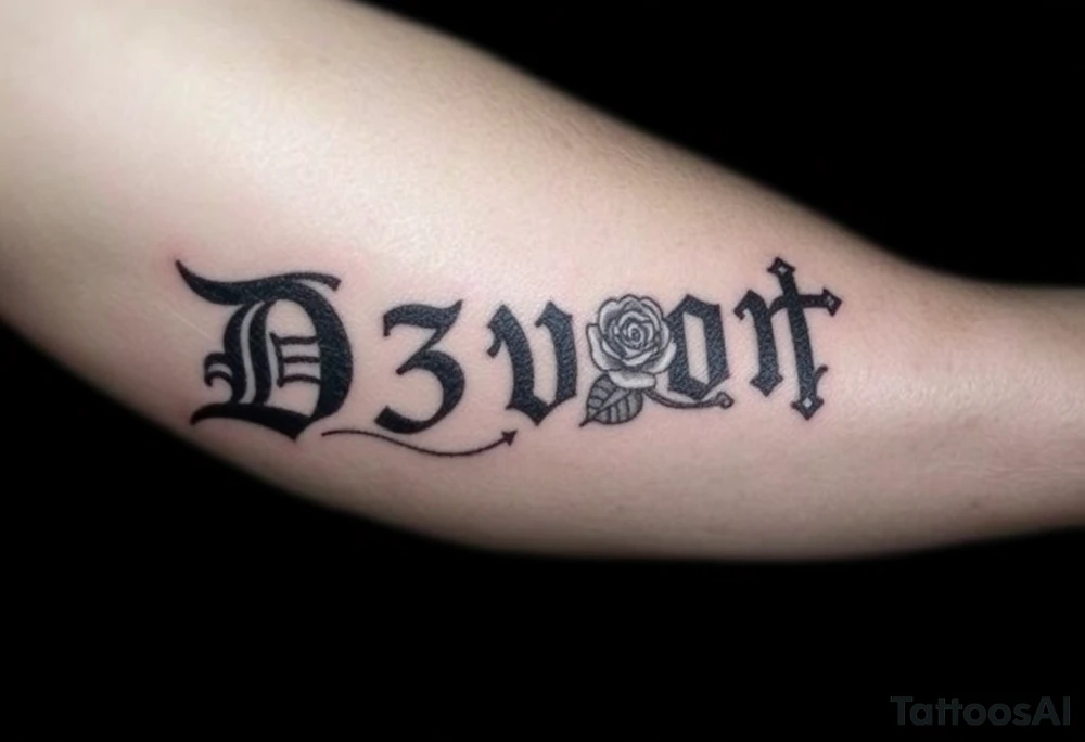 Name D3von spelt going down my arm with a crown and rose and cross and 03/27/07 tattoo idea