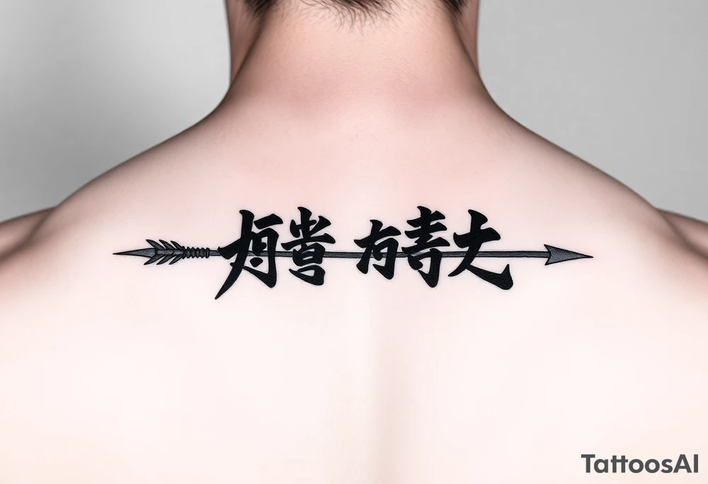japanese writing with bow and arrow on chest tattoo idea