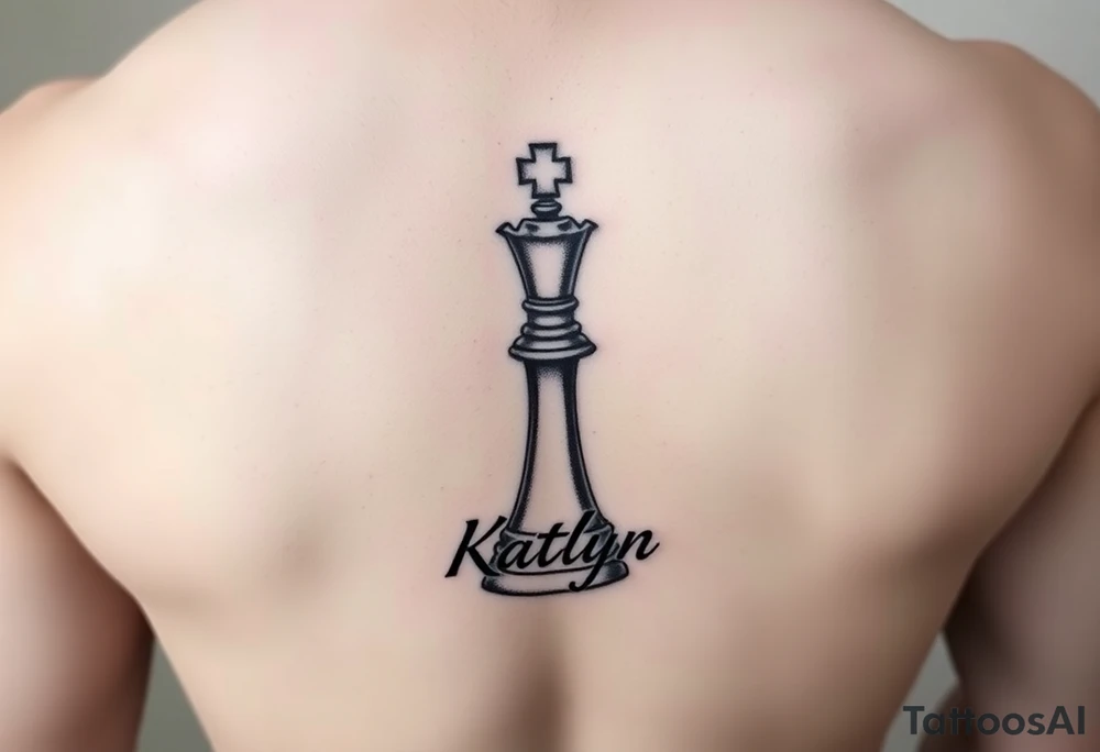A queen chess piece with the name Katlyn incorporated into the bottom of the piece tattoo idea