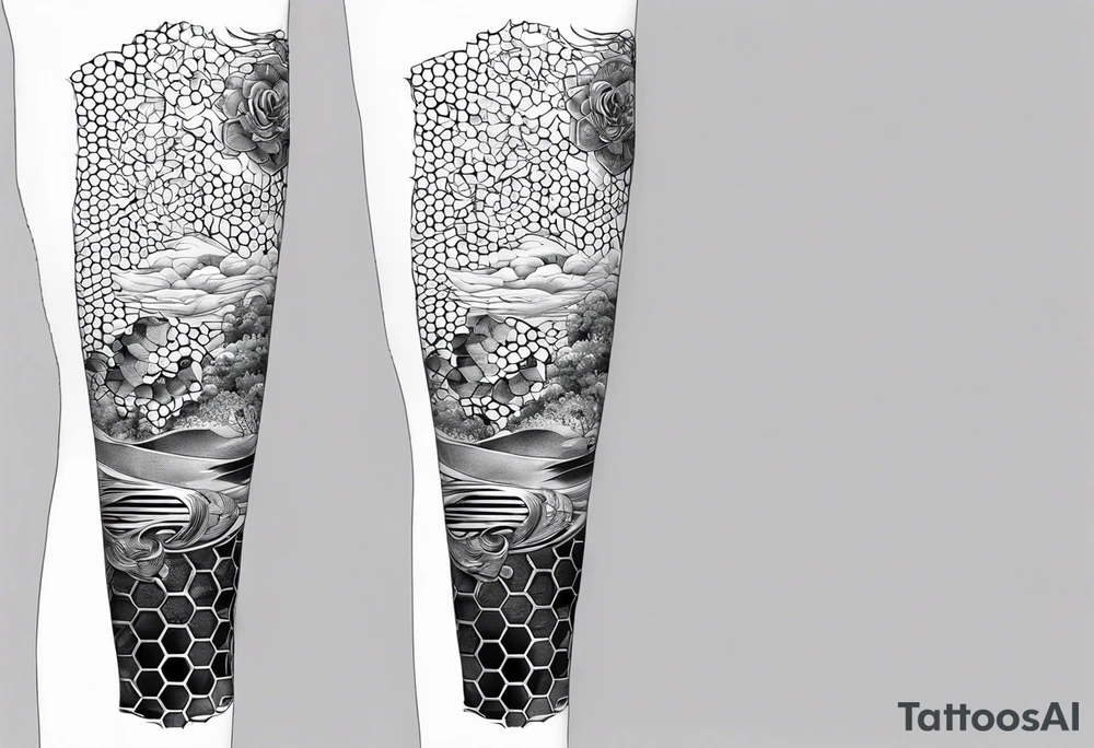Honeycomb ocean full leg sleeve male tattoo idea