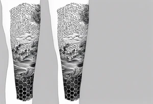 Honeycomb ocean full leg sleeve male tattoo idea