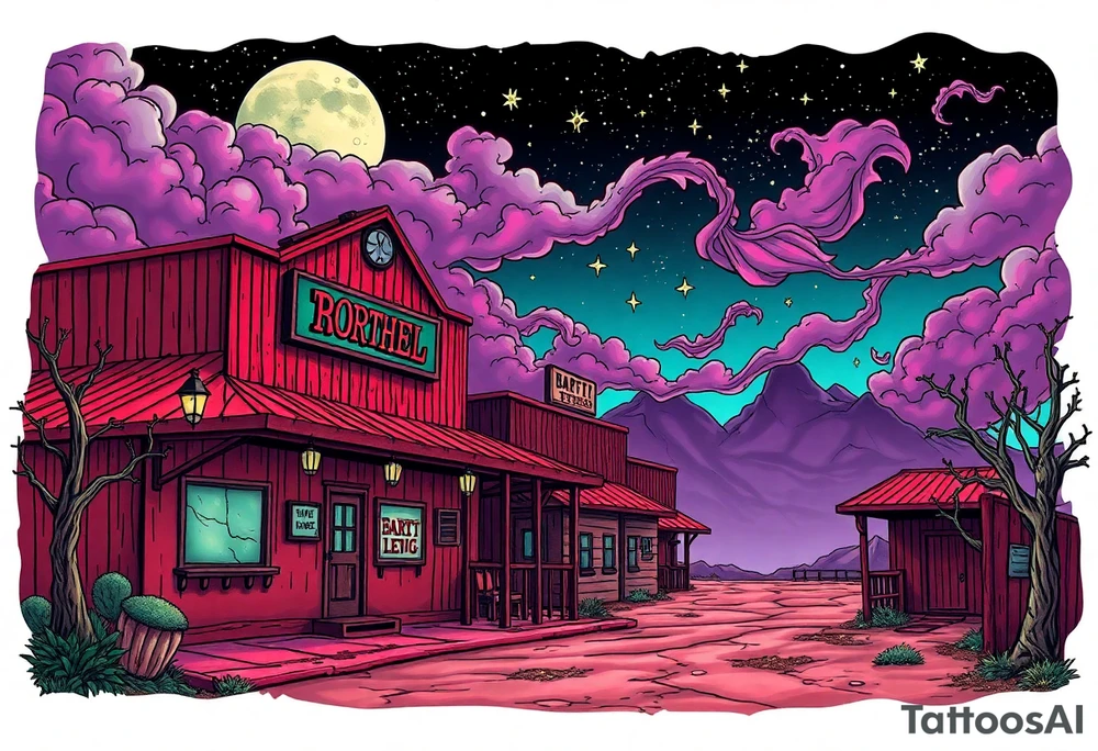 Tim Burton’s old western cowboy texas brothel r from outside view is the street abandoned and dripping with muted reds, dusty pinks, and eerie green glow purple and cyan smokey clouds swirl and dance in the moonlit night sky filled with twinkling stars  tattoo idea tattoo idea