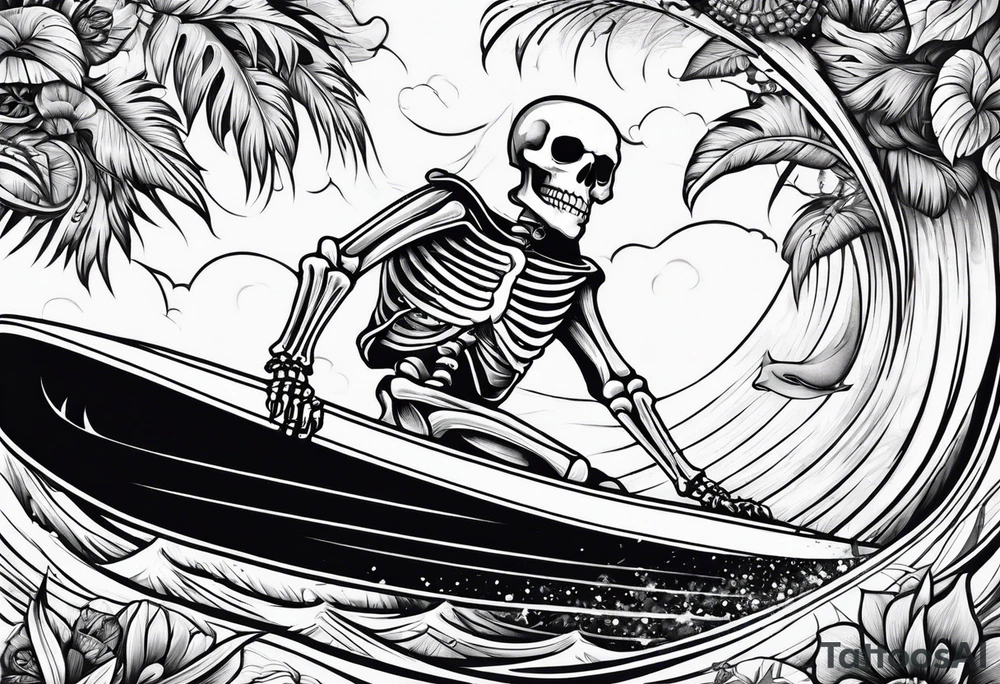 skeleton on a surfboard tattoo idea