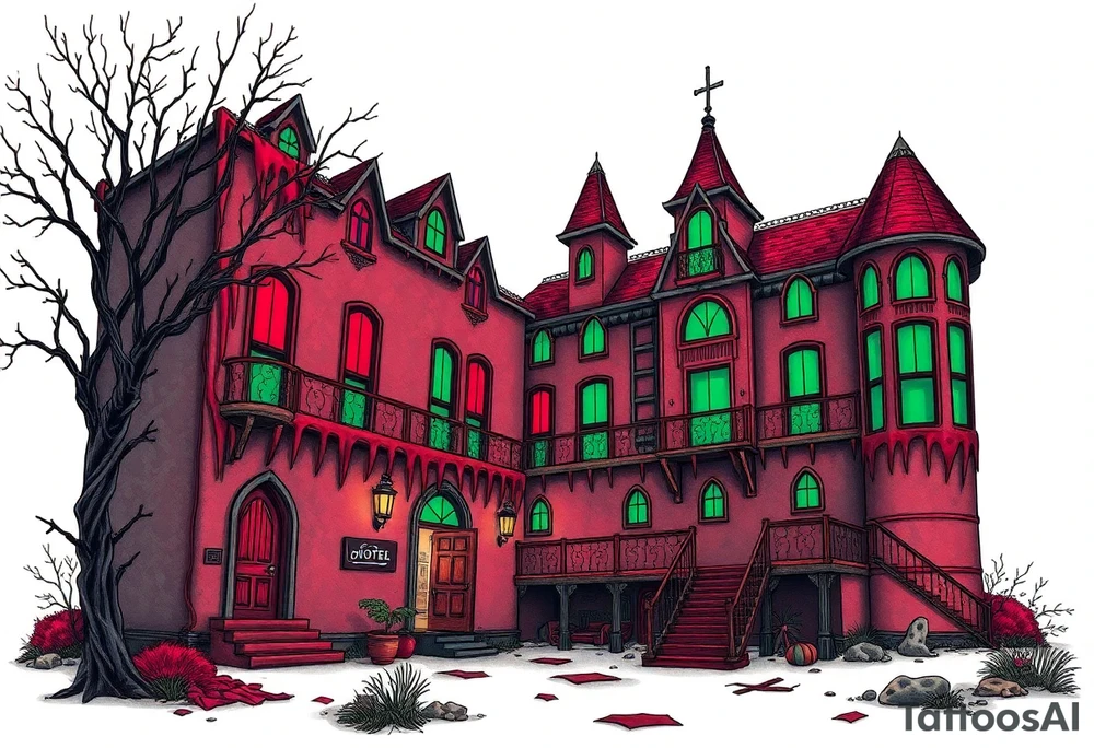 Tim Burton’s sex hotel from outside viewis abandoned and dripping with muted reds, dusty pinks, and eerie green glow. tattoo idea tattoo idea