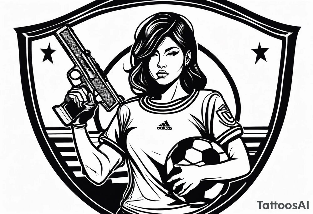 Woman warrior holding a soccer trophy in her hand and sensually wearing a soccer jersey. Holding a weapon in her other hand. tattoo idea