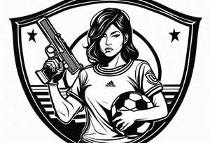 Woman warrior holding a soccer trophy in her hand and sensually wearing a soccer jersey. Holding a weapon in her other hand. tattoo idea