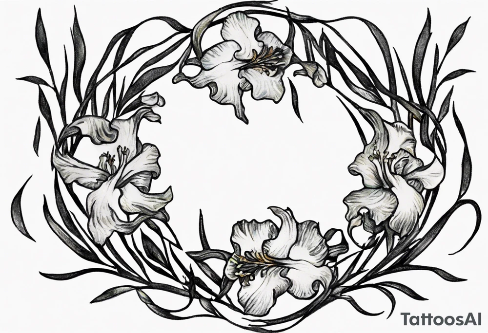 "Craft a petite yet exquisite Vincent van Gogh Irises tattoo, resembling a half wreath with vines gracefully intertwining at the center. The envisioned placement is on the upper chest, and the design should exude a delicate and artistic aesthetic, despite its smaller size." tattoo idea