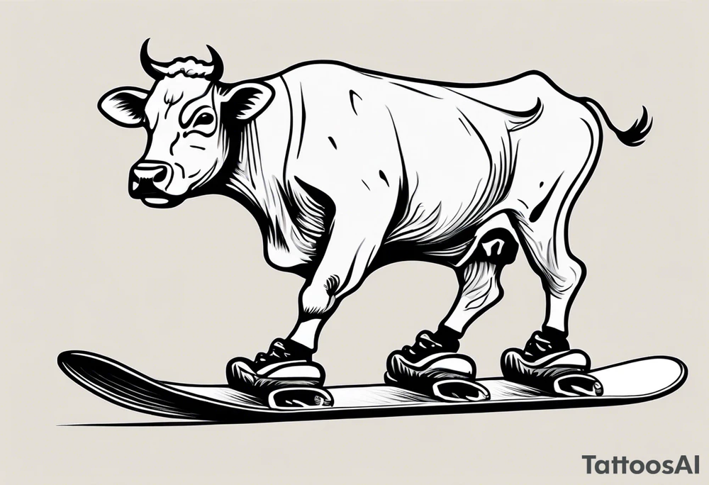 Generate a minimalist and simple black and white tattoo design featuring a joyful cow snowboarding, wearing goggles. Focus on essential lines and details to convey the playful spirit of the scene. The cow should exude confidence while effortlessly snowboarding down a snowy slope. Keep the design clean and uncluttered, suitable for a small to medium-sized tattoo space. Emphasize the charm and whimsy with the addition of goggles, ensuring the overall aesthetic remains simple and minimalistic. The goal is to create a visually appealing and easily recognizable tattoo that captures the essence of a cow enjoying a snowboarding adventure tattoo idea