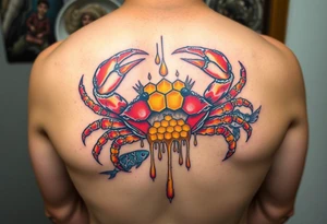 Powerful crab sureounded by dripping honey comb and coi fish tattoo idea