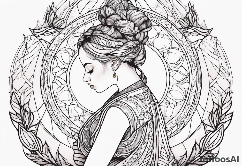 Woman , hands above her head, holding womb of creation tattoo idea
