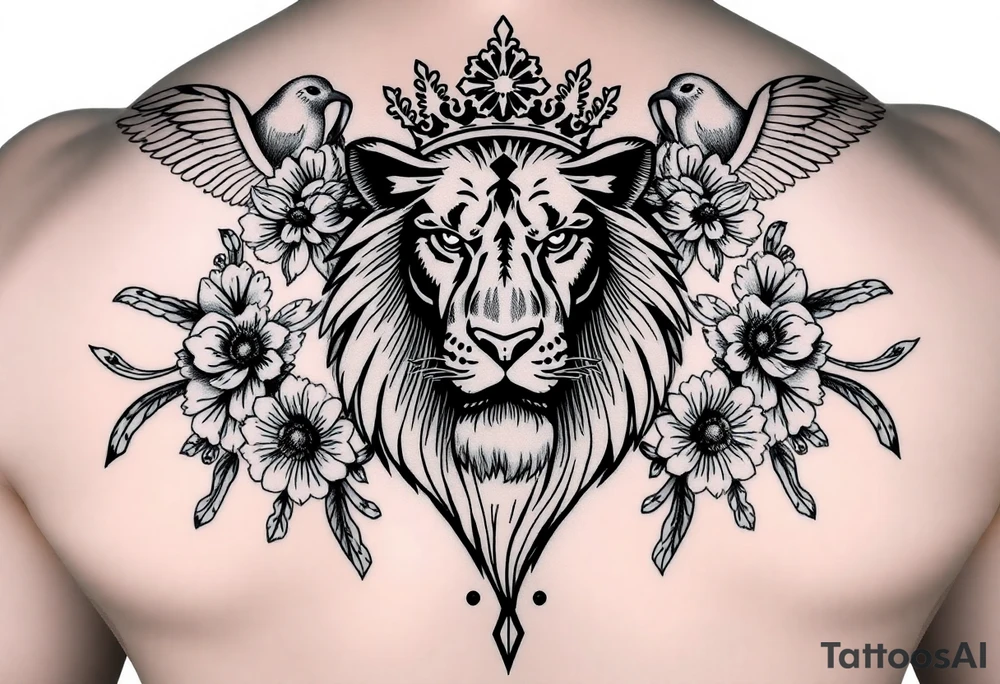 powerful majestic lion with a crown, surrounded by floral ornaments and birds tattoo idea