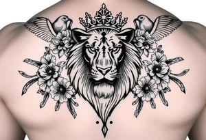 powerful majestic lion with a crown, surrounded by floral ornaments and birds tattoo idea
