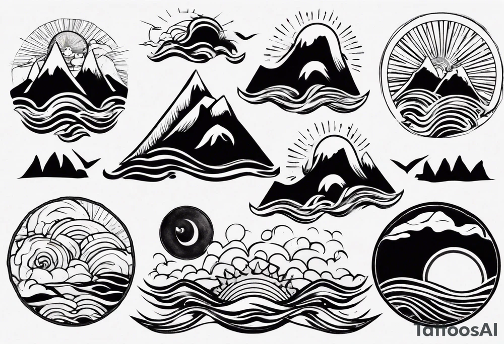 mountains, beach, waves, sun tattoo idea