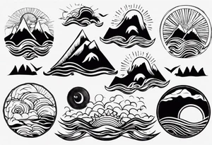 mountains, beach, waves, sun tattoo idea