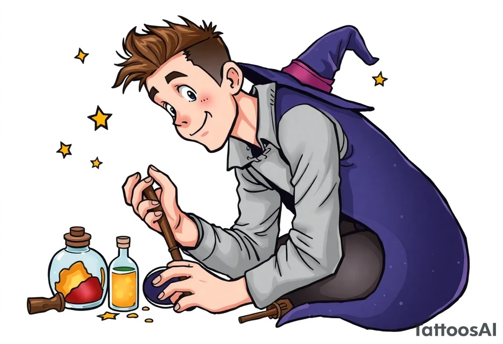 Handsome young adult guy is  accidentally stumbled upon witch tools, supplies, artifacts, potions tattoo idea