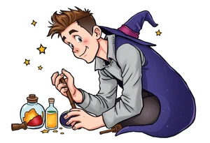Handsome young adult guy is  accidentally stumbled upon witch tools, supplies, artifacts, potions tattoo idea