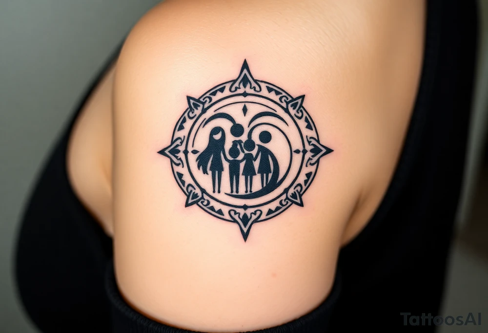 Magestic symbol of parents with 3 kids surrounded by geometric patterns, Gemini sign, and ying yang tattoo idea