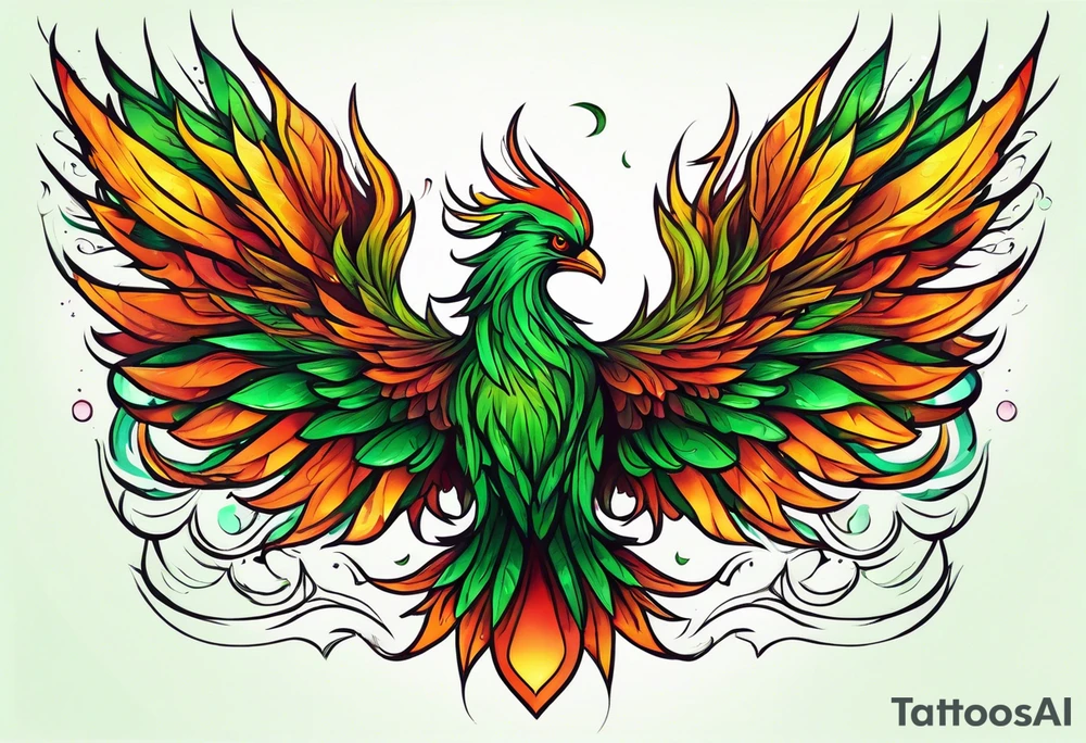 Phoenix Bright colours rising from green flames that destroyed it no green tattoo idea