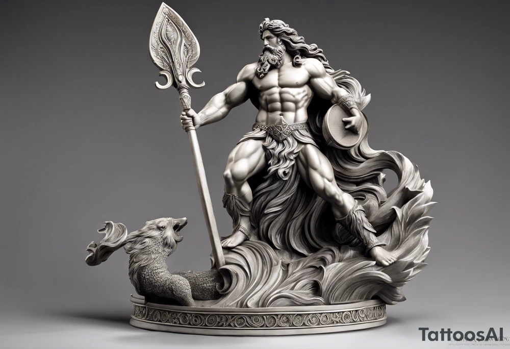Poseidon is shown in a powerful and commanding pose, with intricate details highlighting his muscular physique and regal presence. His long, flowing beard and hair are depicted with meticulous shading, giving them a lifelike texture. The god’s eyes are intense and penetrating, capturing his divine authority.

He holds his iconic trident, detailed with sharp, defined prongs and intricate designs along the handle. The trident is positioned prominently, symbolizing his dominion over the oceans. His skin is rendered with lifelike textures, and the flowing elements of his hair and beard suggest movement, as though caught in a gust of wind.

The background is kept minimalistic and clean, focusing solely on Poseidon and his trident, allowing the detailed depiction of the god himself to stand out. The use of shadows and highlights enhances the three-dimensional effect, bringing out the strength and majesty of Poseidon in a strikingly realistic manner. tattoo idea