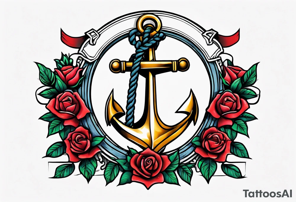 old school anchor sitting at an angle 
with rope 
and banner across anchor and old school roses tattoo idea