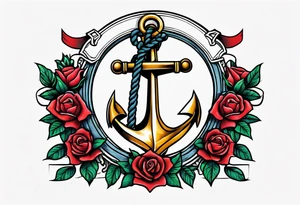 old school anchor sitting at an angle 
with rope 
and banner across anchor and old school roses tattoo idea