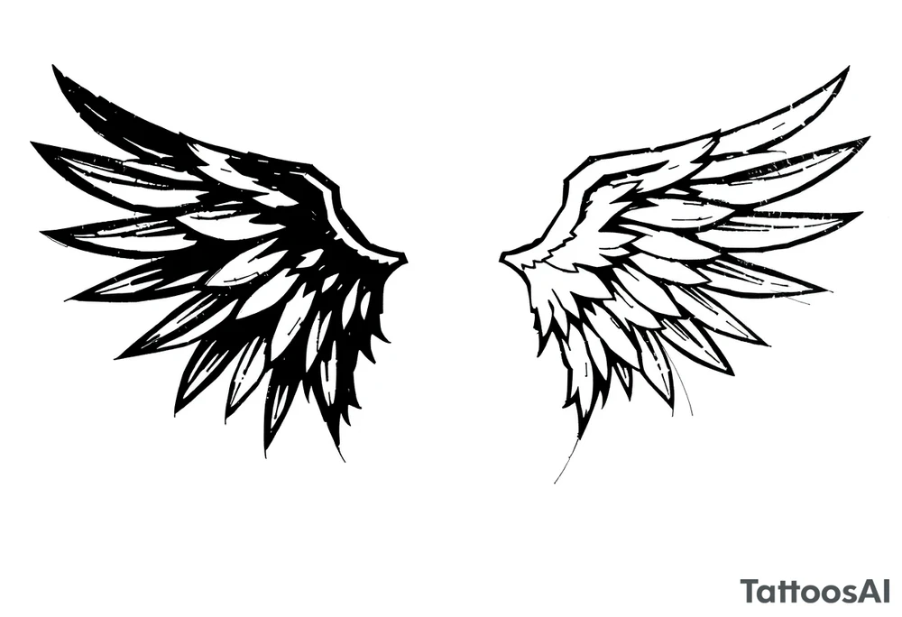 This tattoo design features a pair of asymmetrical angel wings drawn in black ink with a rough, sketch-like style. The left wing is darker, more defined, and appears denser, while the right wing is lighter, more delicate, and fragmented, creating a contrast between the two. The feathers are sharp and irregular, with fine lines and stray strokes extending outward, adding a raw and artistic feel. The overall look is dynamic and slightly chaotic, giving the impression of movement or an unfinished, ethereal form. This design symbolizes duality, freedom, transformation, or even struggle, making it a meaningful and visually striking tattoo. tattoo idea