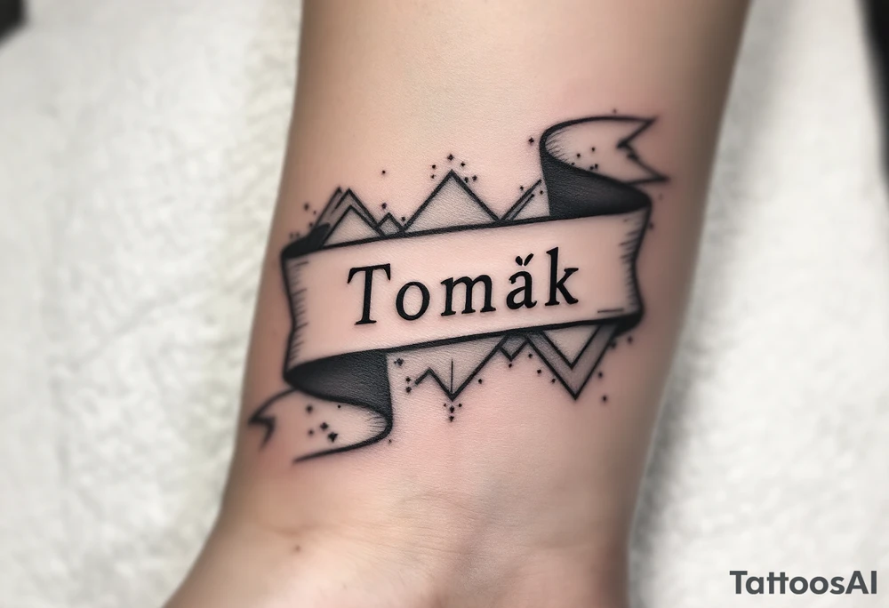 Name "Tomík" flowing like a banner above 18.6.2015 v 9:00, with subtle earth tone shading. tattoo idea
