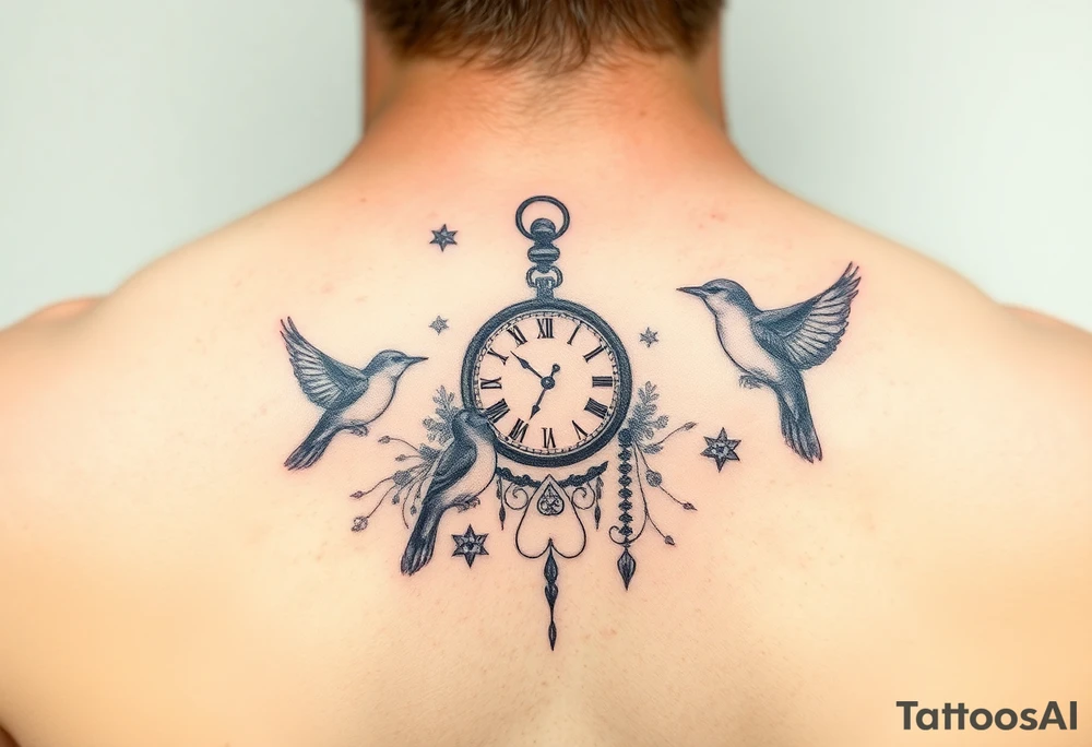 Water color and little black birds and a clock tattoo idea