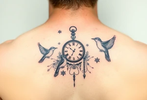 Water color and little black birds and a clock tattoo idea